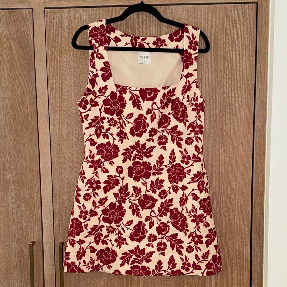 Posse Burgundy Linen Floral Mini Dress - size medium - worn 1x